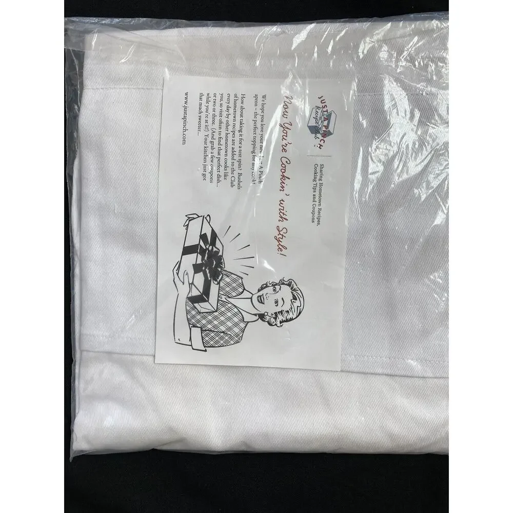 Just a Pinch Apron White Brushed Cotton Embroidered pocket baking cooking art